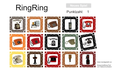 Screenshot der Anwendung RingRing mit 15 anklickbaren Telefonapparaten